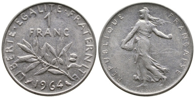 Франция 1 франк 1964 сеятель KM 925.1, Le Franc 226.8 никель 56-517