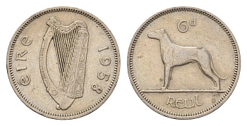 Ирландия 6 пенсов 1958 собака, ирландский волкодав KM 13a медно-никель 4690-335