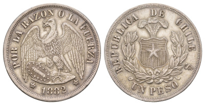 Чили 1 песо 1882 KM 142.1 серебро 1517-1023