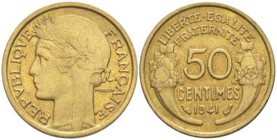 ФРАНЦИЯ 50 САНТИМОВ 1941 ТИП MORLON KM 894.1, LE FRANC 192.18 алюминиевая бронза 44-465