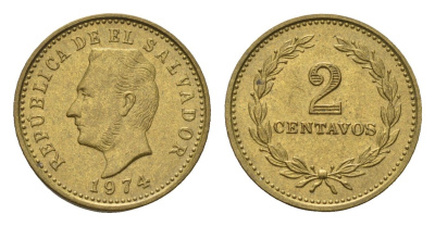 Сальвадор 2 сентаво 1974 год-тип KM 147 никель латунь UNC 4696-1051