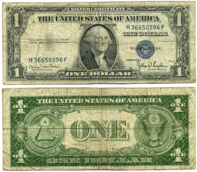 США 1 ДОЛЛАР 1935 D ВАШИНГТОН, СИНЯЯ ПЕЧАТЬ Pick 416D1 бумага 444-118-1