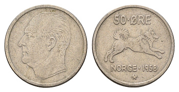 Норвегия 50 эре 1958 Улаф V (1957-1991) KM 408 медно-никель 4702-313