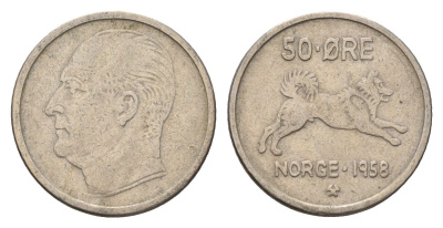 Норвегия 50 эре 1958 Улаф V (1957-1991) KM 408 медно-никель 4702-313