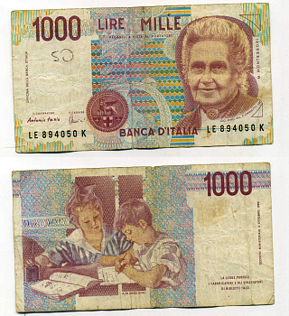 Италия 1000 лир 1990 Мария Монтессори Pick 114c 70-39-5-2
