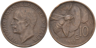Италия 10 чентезимо 1923 R, пчела, Виктор Эммануил (1900-1946) KM 60 медь 4116-1247