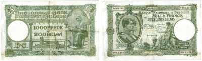 БЕЛЬГИЯ 1000 ФРАНКОВ = 200 БЕЛЬГА 1939 БРЮССЕЛЬ, 14 МАРТА 1939 Pick 110 бумага 7487-2-1