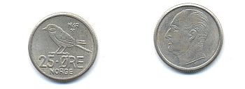 Норвегия 25 эре 1969 Улаф V (1958-1991), синица KM 407 медно-никель 4379-965