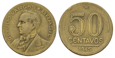 Бразилия 50 сентаво 1945 Жетулиу Варгас KM 557a алюминиевая бронза 4150-625