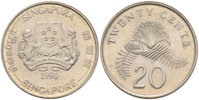 Сингапур 20 центов 1990  KM 52 медно-никель 4116-357