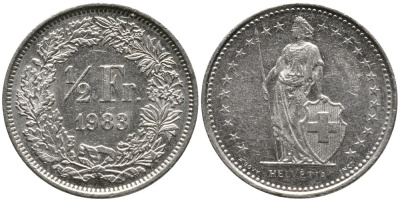 ШВЕЙЦАРИЯ 1/2 ФРАНКА 1983 KM 23а.3 медно-никель 4528-564
