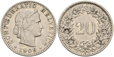 Швейцария 20 раппенов 1909 B KM 29 никель 4606-743