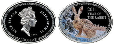 Ниуэ 1 доллар 2011 Год кролика, цветная эмаль, коробка, сертификат KM 510 серебро PROOF 4-3-3-03