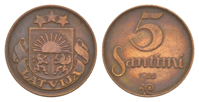 Латвия 5 сантимов 1922  KM 3 бронза    4658-1158
