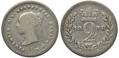 Великобритания 2 пенса 1838 Виктория (1837-1901), для обращения в Британской Гвиане и некоторых частях Британской Вест-Индии KM 729, Spink 3914E серебро 1524-425