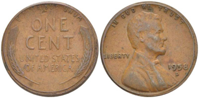 США 1 ЦЕНТ 1958 D, ЛИНКОЛЬН KM А132 медь цинк 3309-1227