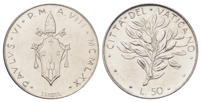 Ватикан 50 лир 1970 MCMLXX KM 121 нержавеющая сталь UNC 4700-645