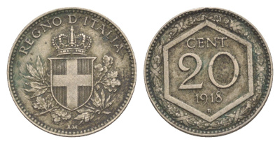 Италия 20 чентезимо 1918 KM 58 медно-никель 4636-441