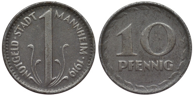 Германия, Маннхайм 10 пфеннигов 1919 Баден-Вюртемберг, нотгельд железо 4119-456