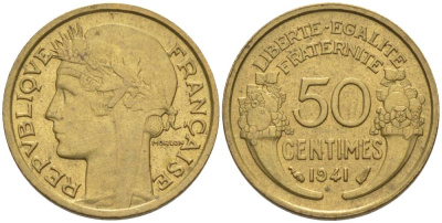 ФРАНЦИЯ 50 САНТИМОВ 1941 ТИП MORLON KM 894.1, LE FRANC 192.18 алюминиевая бронза 44-659