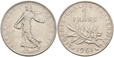 ФРАНЦИЯ 1 ФРАНК 1961 СЕЯТЕЛЬ KM 925.1 никель 186-327