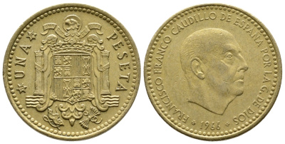 Испания 1 песета 1966 (74) Франсиско Франко (1939-1975) KM 796 алюминиевая бронза 4610-122