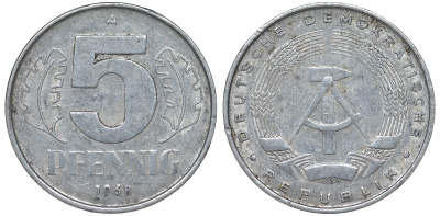 ГДР 5 ПФЕННИГОВ 1968 A KM 9.1 алюминий 62-154
