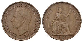 Великобритания 1 пенни 1940 Георг VI (1936-1952) Spink 4114, KM 845 бронза 4140-115
