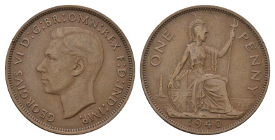 Великобритания 1 пенни 1940 Георг VI (1936-1952) Spink 4114, KM 845 бронза 4140-115