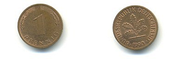 ФРГ 1 ПФЕННИГ 1990 J KM 105, J.380 сталь плакированная медью 54-2316