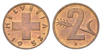 Швейцария 2 раппена 1953 B KM 47 бронза UNC 4708-324