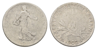 Франция 1 франк 1902 KM 844 серебро 51-1946