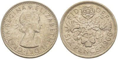 Великобритания 6 пенсов 1966 Елизавета II (1952-2022) KM 903, Spink 4149 медно-никель 214-723