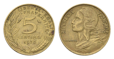 Франция 5 сантимов 1972 KM 933 алюминиевая бронза 4702-1233