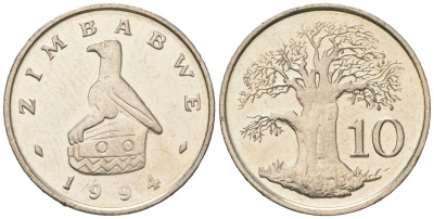 Зимбабве 10 центов 1994 птица-идол, баобаб KM 3 медно-никель UNC 4615-1151