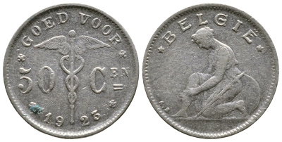БЕЛЬГИЯ 50 САНТИМОВ 1923 BELGIE KM 88 никель 4379-322