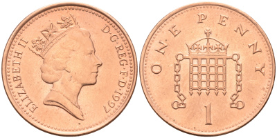 Великобритания 1 пенни 1997 Елизавета II (1952-2022) KM 935a, Spink 4391 (B4) сталь плакированная медью 4588-552