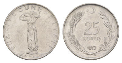 Турция 25 курушей 1973 KM 892.3 нержавеющая сталь 4648-717