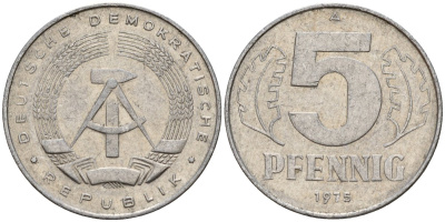 ГДР 5 пфеннигов 1975 A KM 9.1 алюминий 218-948