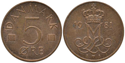 ДАНИЯ 5 ЭРЕ 1981 B; B, МАРГРЕТЕ II (1972-) KM 859.2 железо плакированное медью 116-148