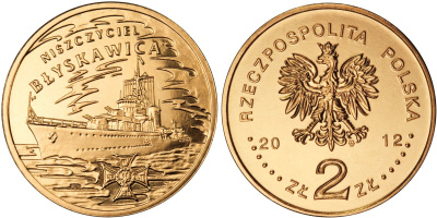 Польша 2 злотых 2012 MW, серия суда польского флота, эсминец ORP "Блискавица" KM 820 нордик  UNC  M73-18