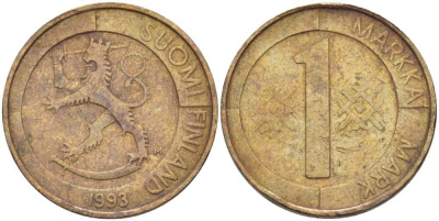ФИНЛЯНДИЯ 1 МАРКА 1993 М KM 76 алюминиевая бронза 210-826