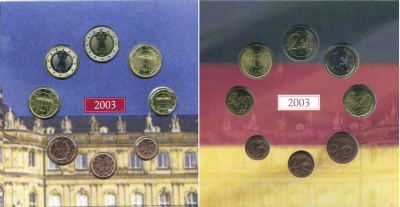 Германия набор из 3 евронаборов по 8 монет 2002-2004 буква F, мондвор Штутгарт, оригинальный официальный набор из трех евронаборов, в картонном буклете UNC 2-5-1-12