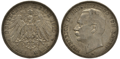 Баден 3 марки 1910 Фридрих II (1907-1918) J. 39, KM 280 серебро    3711-1643