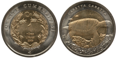 Турция 1 лира 2009 Красная книга, морская черепаха KM 1264 биметалл UNC M1-20