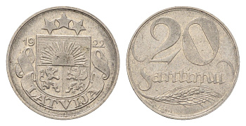 Латвия 20 сантимов 1922 год-тип KM 5 никель 4684-152