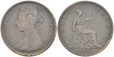 Великобритания 1/2 пенни 1891 Виктория (1837-1901) KM 754, Spink 3956 бронза 4543-1232