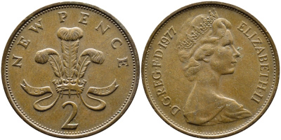 Великобритания 2 пенса 1977 Елизавета II (1952-2022) KM 916, Spink 4235 (C1) бронза 4389-444