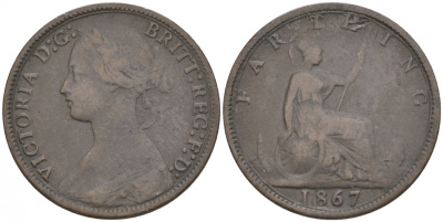 Великобритания 1 фартинг 1867 Виктория (1837-1901) KM 747.2, Spink 3958 бронза 3955-1255