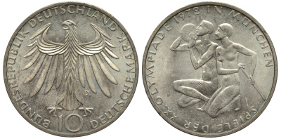 ФРГ 10 марок 1972 D, XX летние Олимпийские Игры, Мюнхен 1972, спортсмены KM 132, J.403 серебро UNC 413-4842